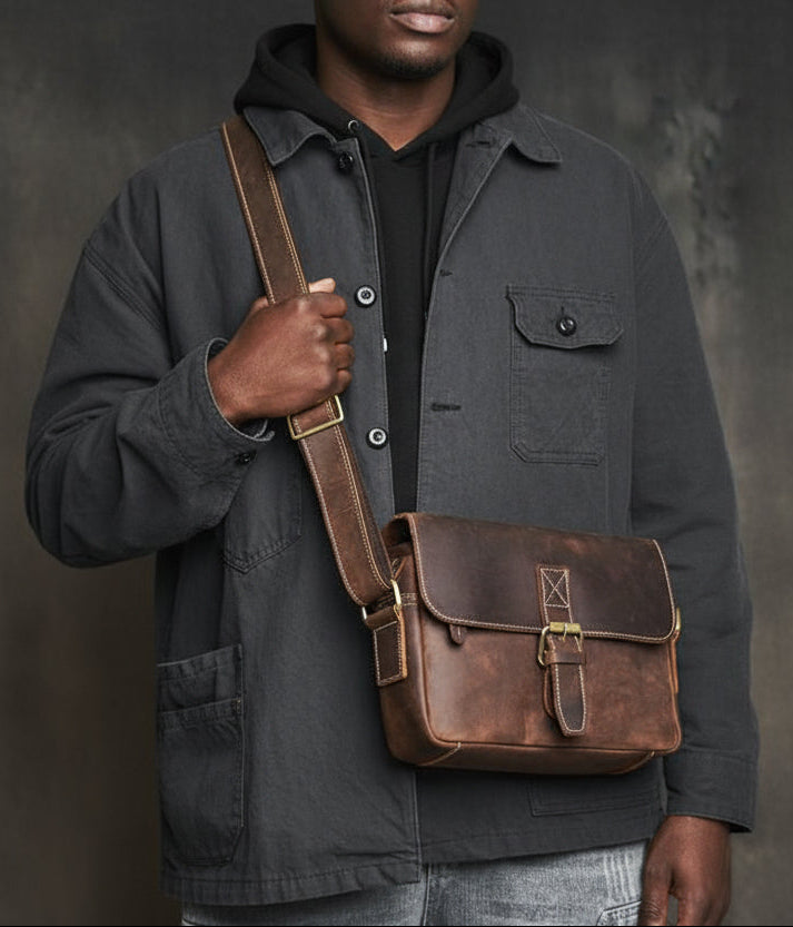 Person wearing a dark jacket and holding a brown leather satchel against a dark background