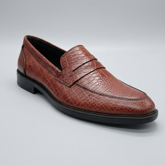 Brown leather loafer shoe held by a hand with a blurred background
