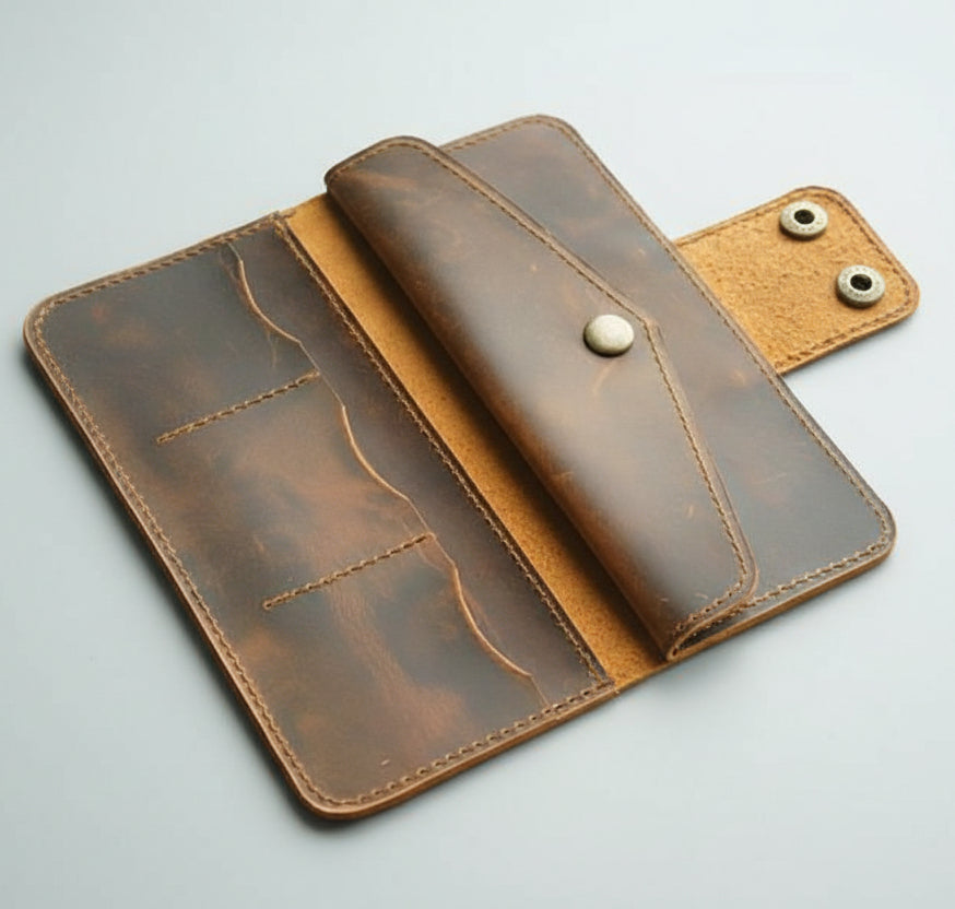 Brown leather wallet with a button on a light gray background