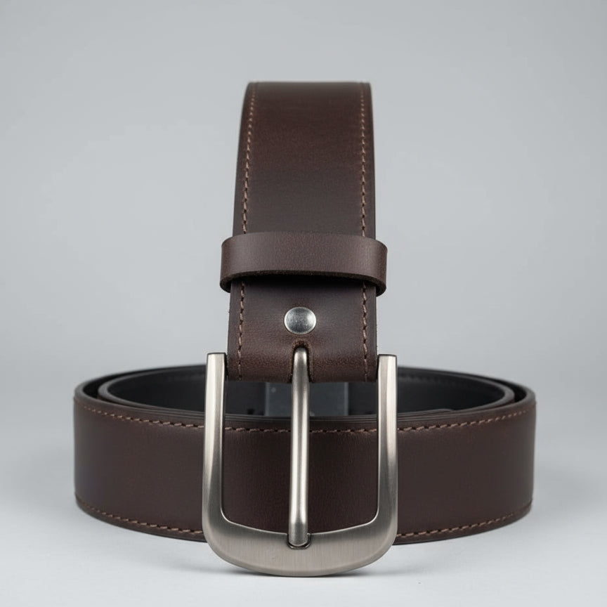 Brown leather belt with silver buckle on a wooden surface