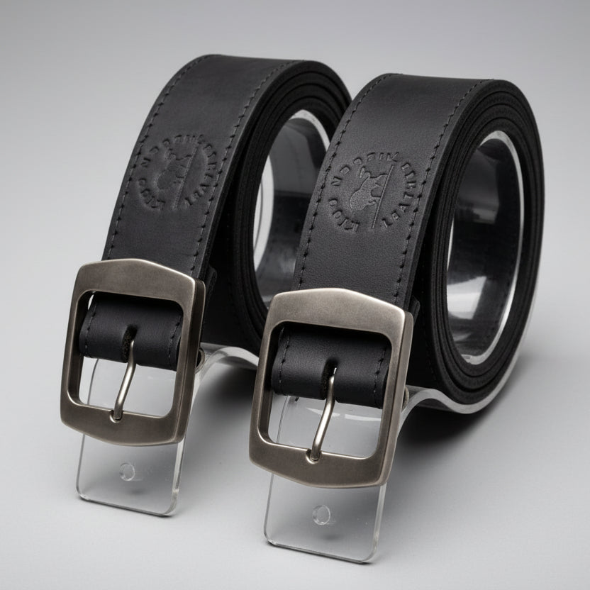 Two black leather belts with silver buckles on a dark background