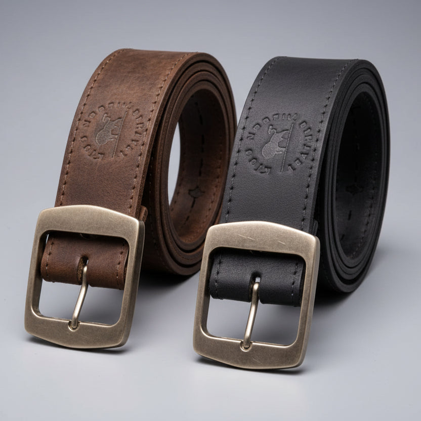 Two leather belts with metal buckles on a dark background