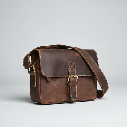 Brown leather satchel bag on a light gray background