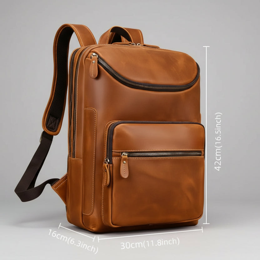 Brown leather backpack with measurements on a gray background