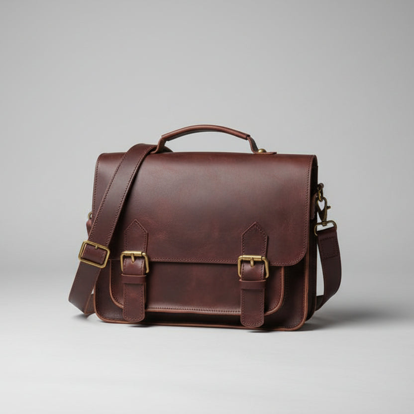 Brown leather satchel bag with gold buckles on a gray background