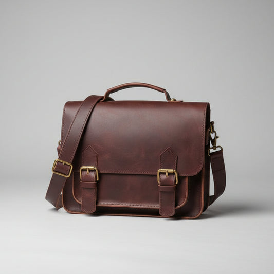 Brown leather satchel bag with gold buckles on a gray background