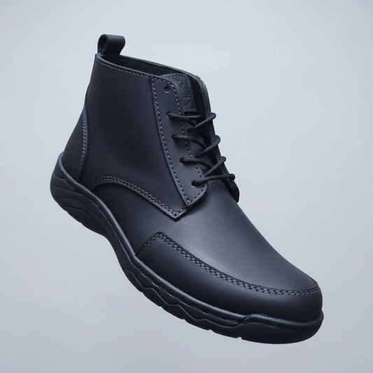 Black leather shoe held in a hand with a shoe rack in the background