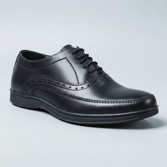 Black leather shoe on a wooden surface with a blurred background