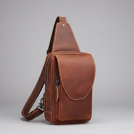Brown leather sling bag on a gray background