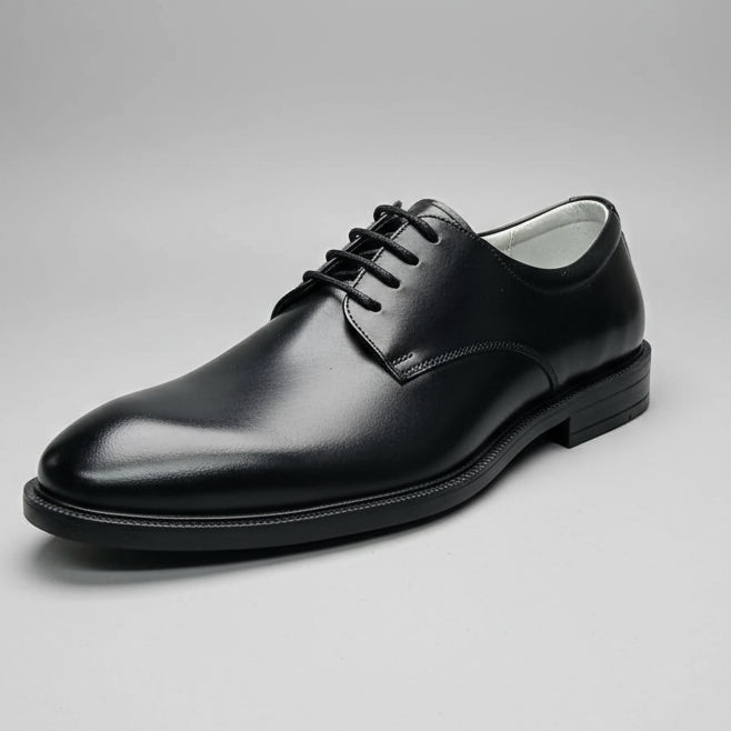 Black leather shoe held by a hand with a blurred background