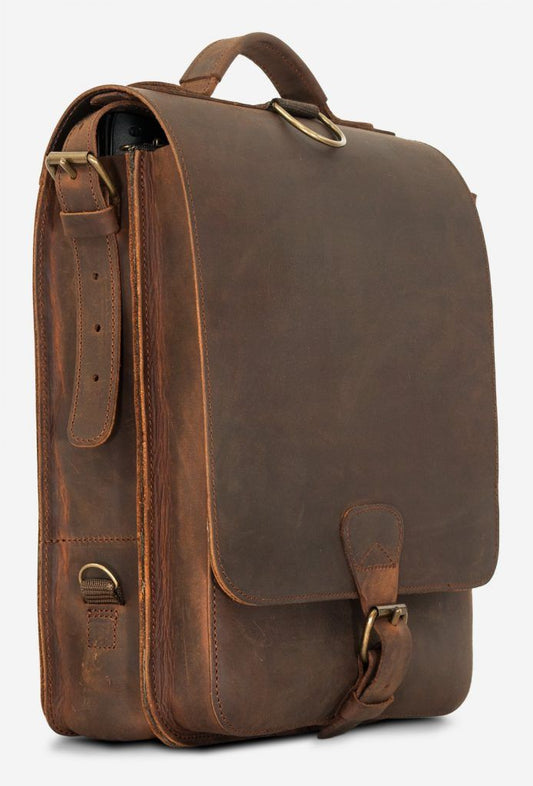 Brown leather satchel bag on a white background
