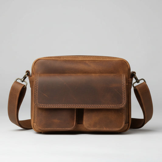 Brown leather shoulder bag on a light gray background