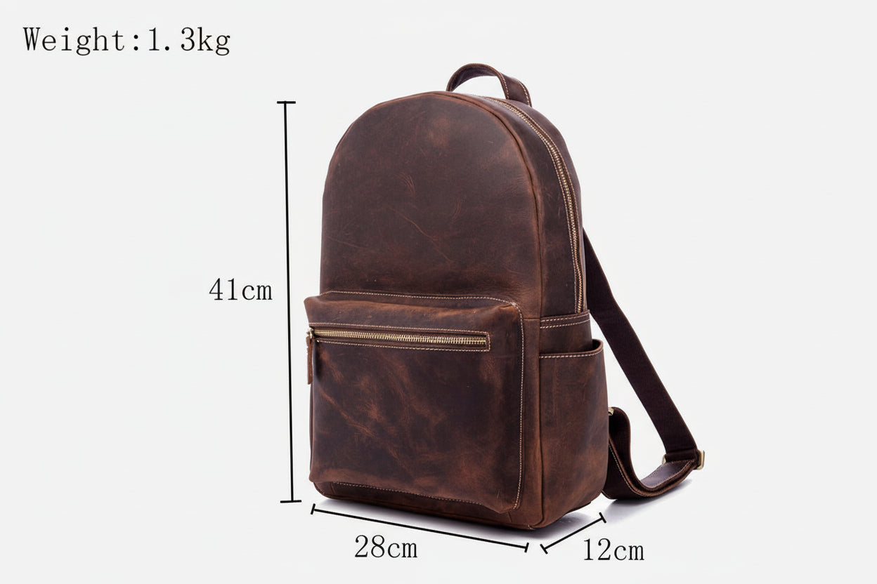 Brown leather backpack with measurements on a white background