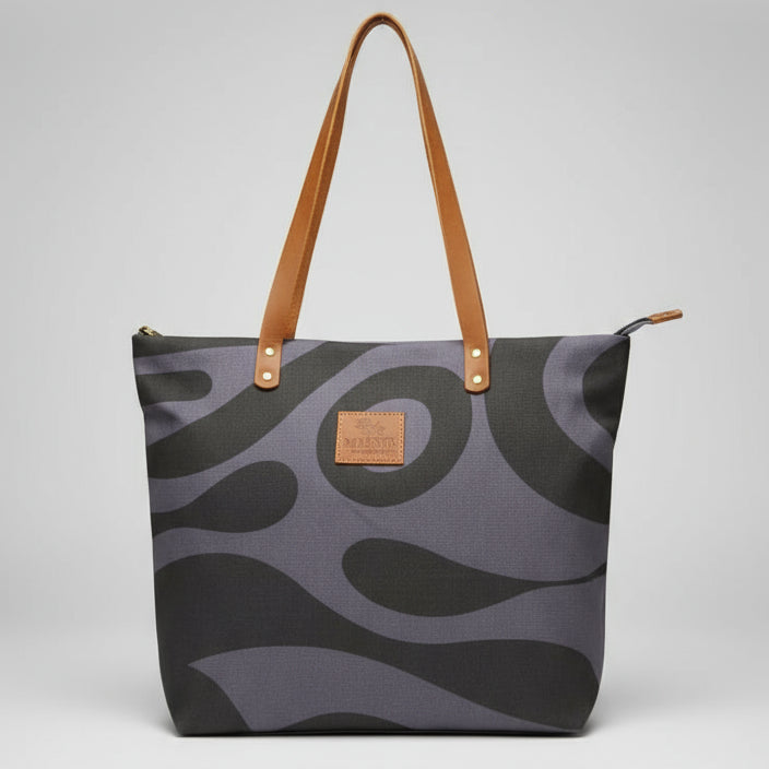 Camouflage-patterned handbag with gold accents on a wooden surface.