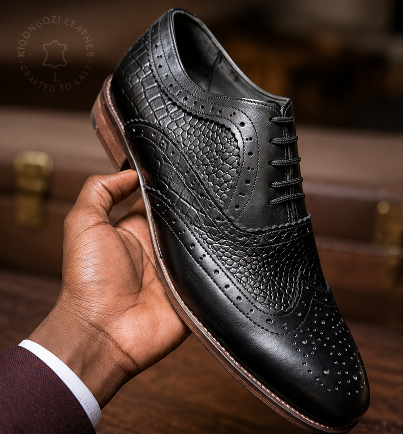 Collage of black leather dress shoes with Kioongozi Leather branding.