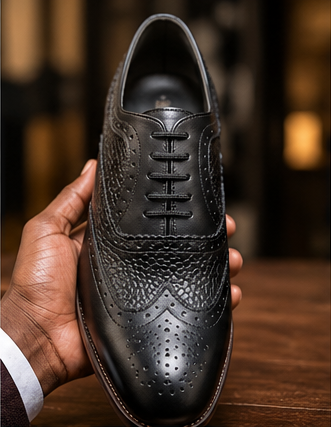 Collage of black leather dress shoes with Kioongozi Leather branding.