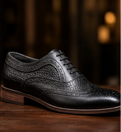 Collage of black leather dress shoes with Kioongozi Leather branding.