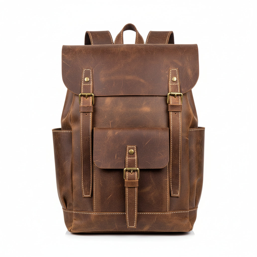 Brown leather backpack on a white background