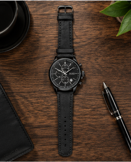Collage of a black wristwatch with detailed face and leather strap on various backgrounds.