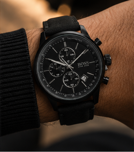 Collage of a black wristwatch with detailed face and leather strap on various backgrounds.