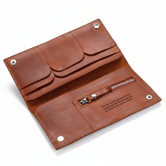 Brown leather wallet with zipper on a white background