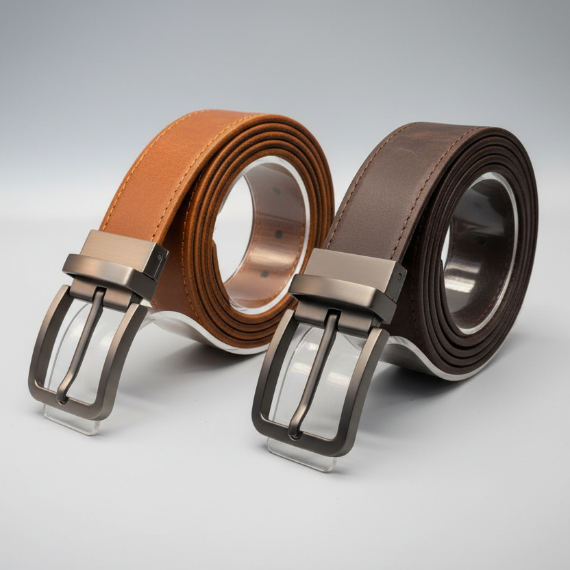 Two leather belts with metal buckles on a dark background