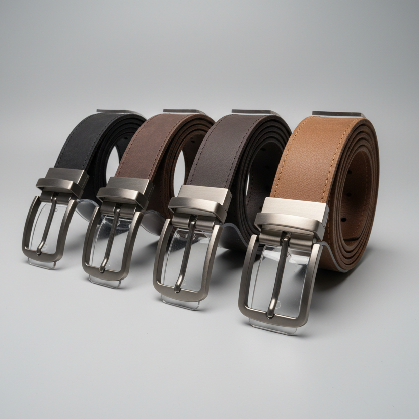 Three belts with metal buckles on a wooden surface