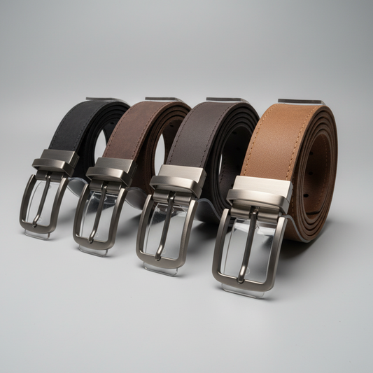 Three belts with metal buckles on a wooden surface