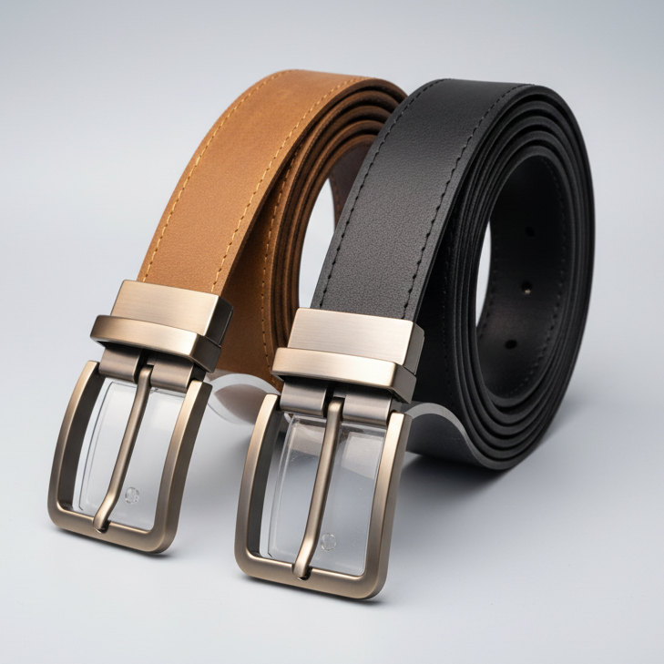 Two leather belts with metal buckles on a dark background