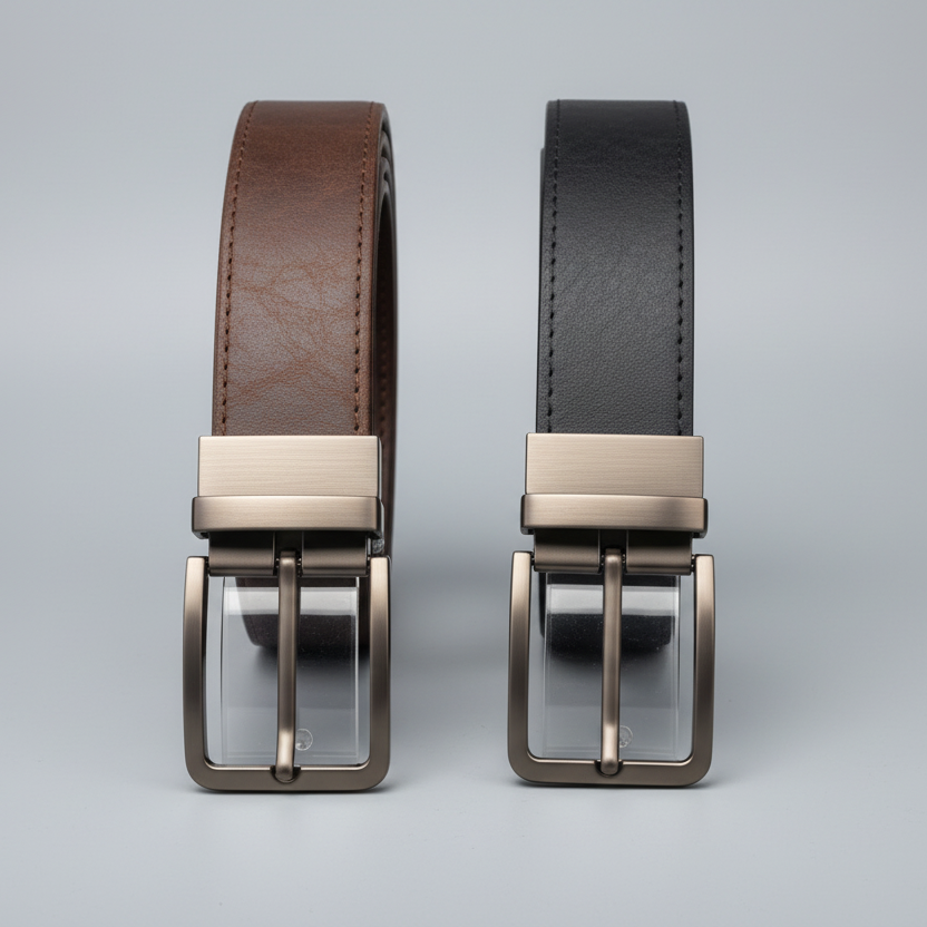Two leather belts with metal buckles on a dark background