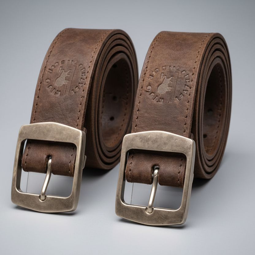 Two brown leather belts with brass buckles on a dark background