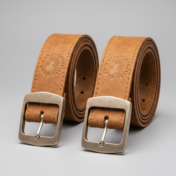 Two brown leather belts with metal buckles on a dark background