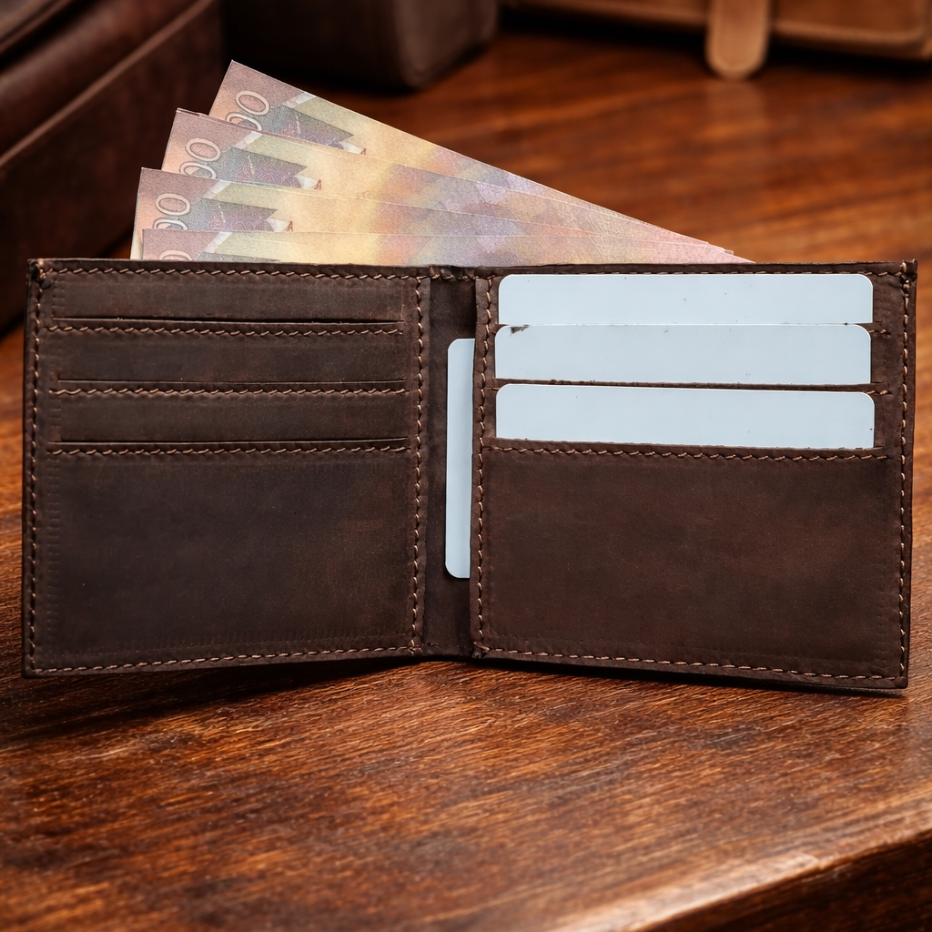 Brown leather wallet with money and cards on a wooden surface