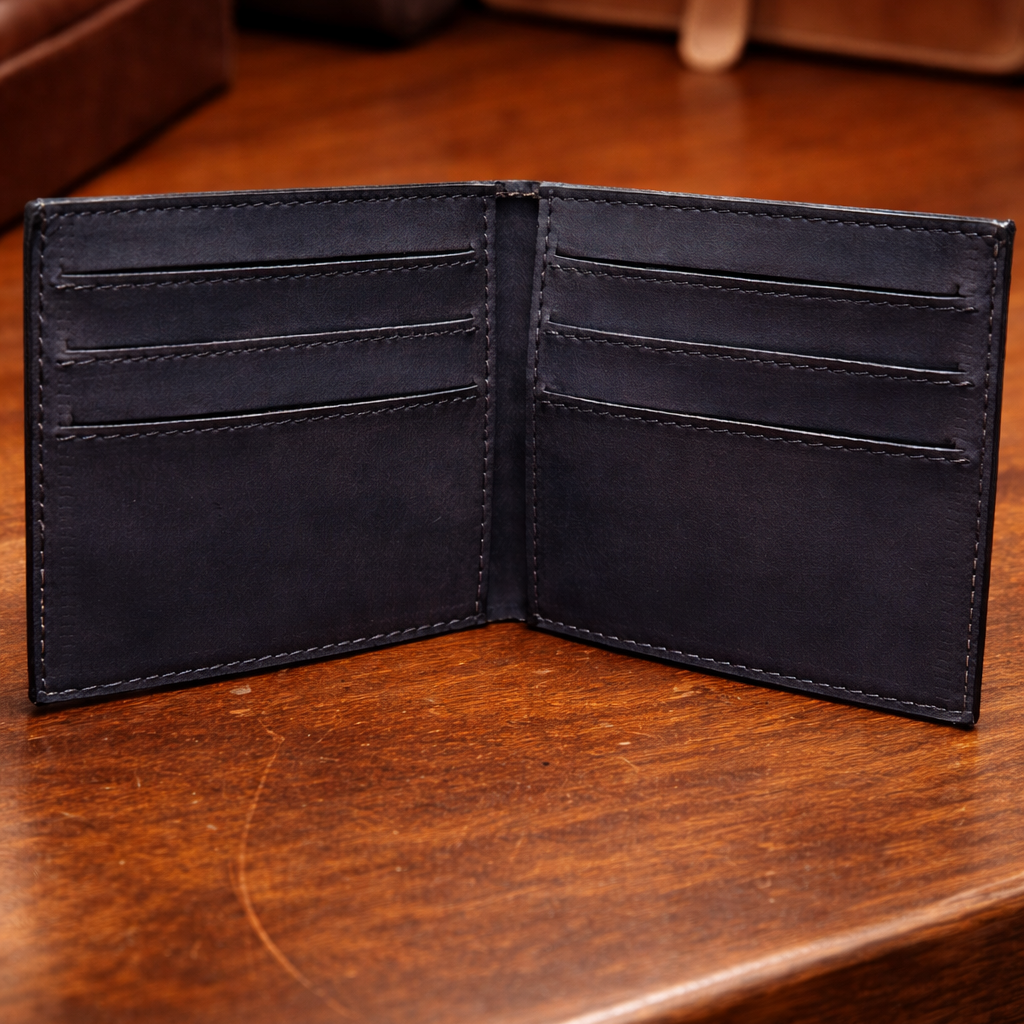 Black leather wallet on a wooden surface