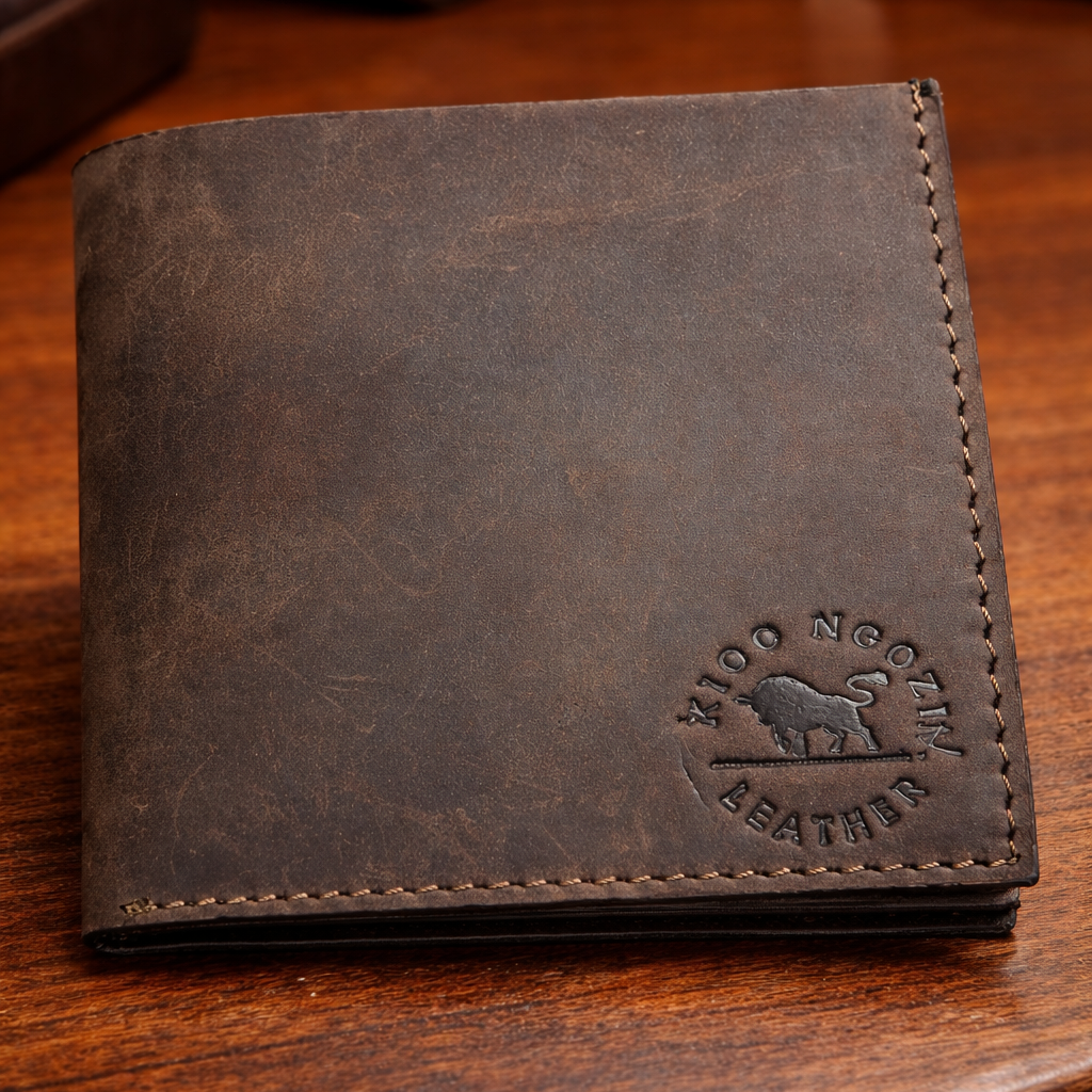 Brown leather wallet with brand logo on a wooden surface