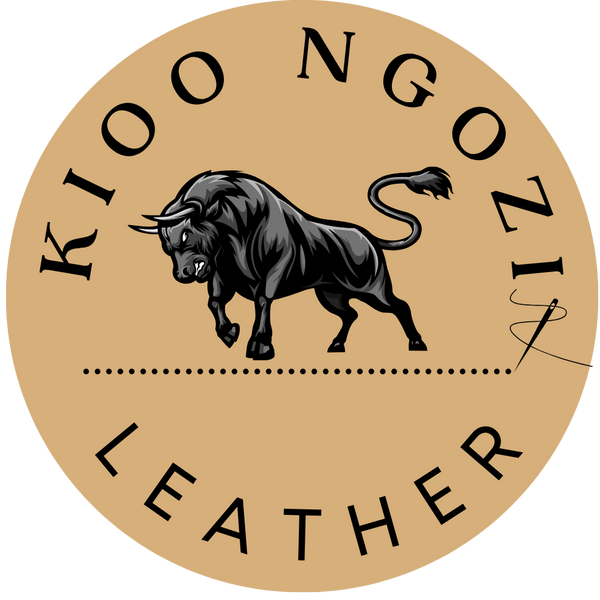 Kioo Ngozin Leather logo with a bull illustration on a beige background