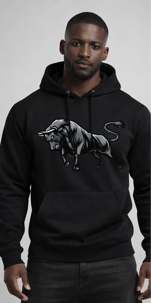 Three hoodies with a bull graphic design worn by a person on a gray background