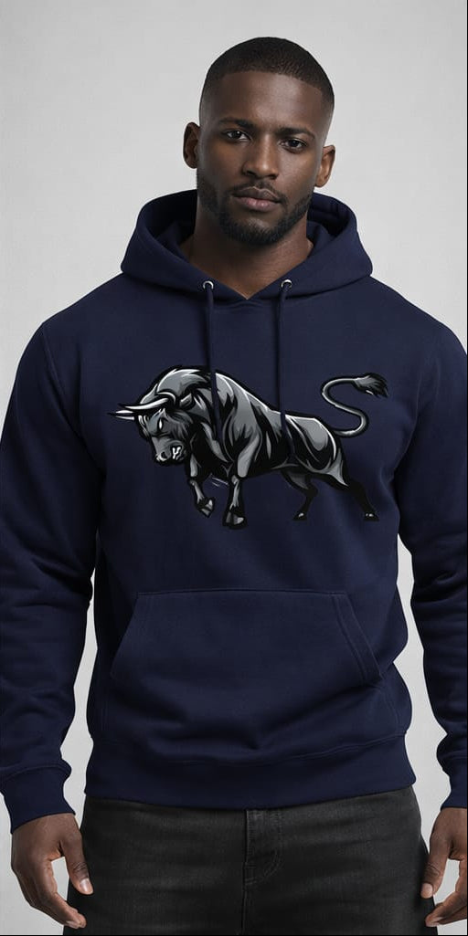 Three hoodies with a bull graphic design worn by a person on a gray background