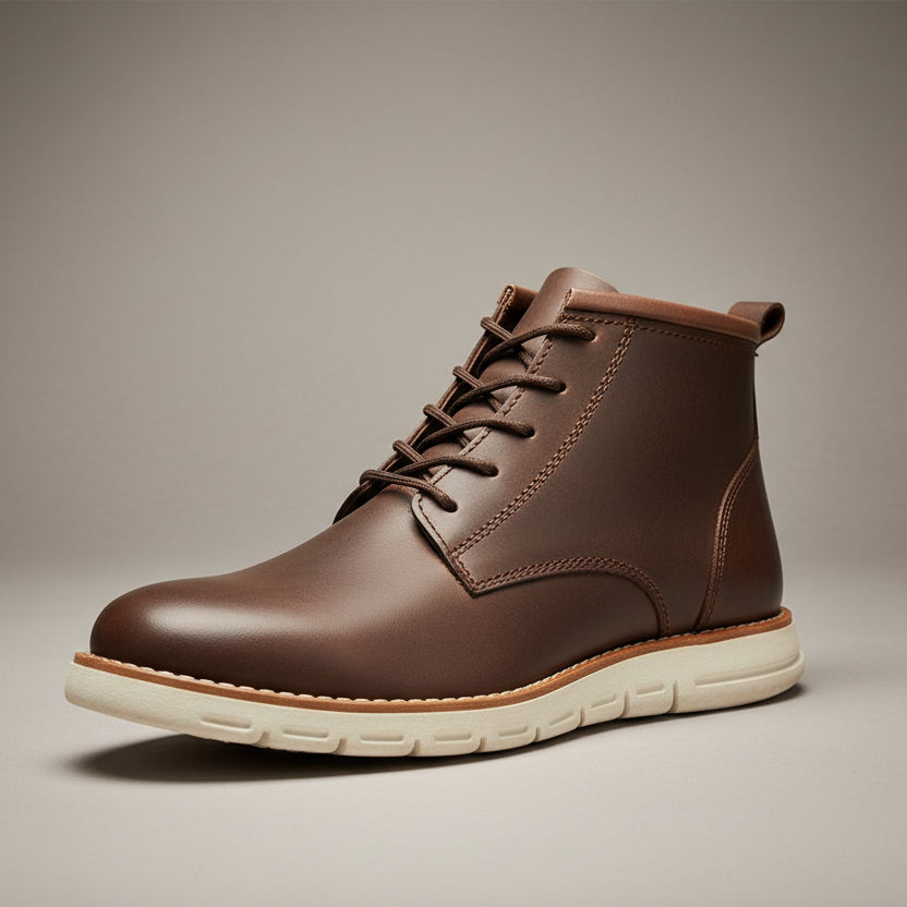 Brown leather boot held by a hand with a grid patterned wall and shoes in the background.